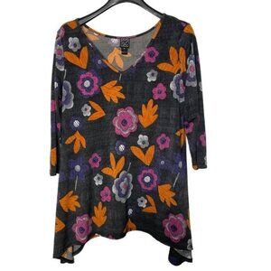 Clara Sun Woo Floral Boxy Fit Stretch Blouse Black Orange Sz MED